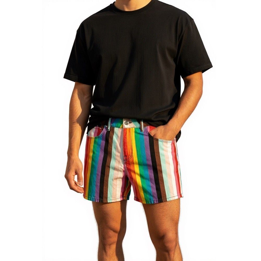 NEW ASOS DESIGN Rainbow Stripe Denim Jean Shorts Size 34 Pride Festival Party